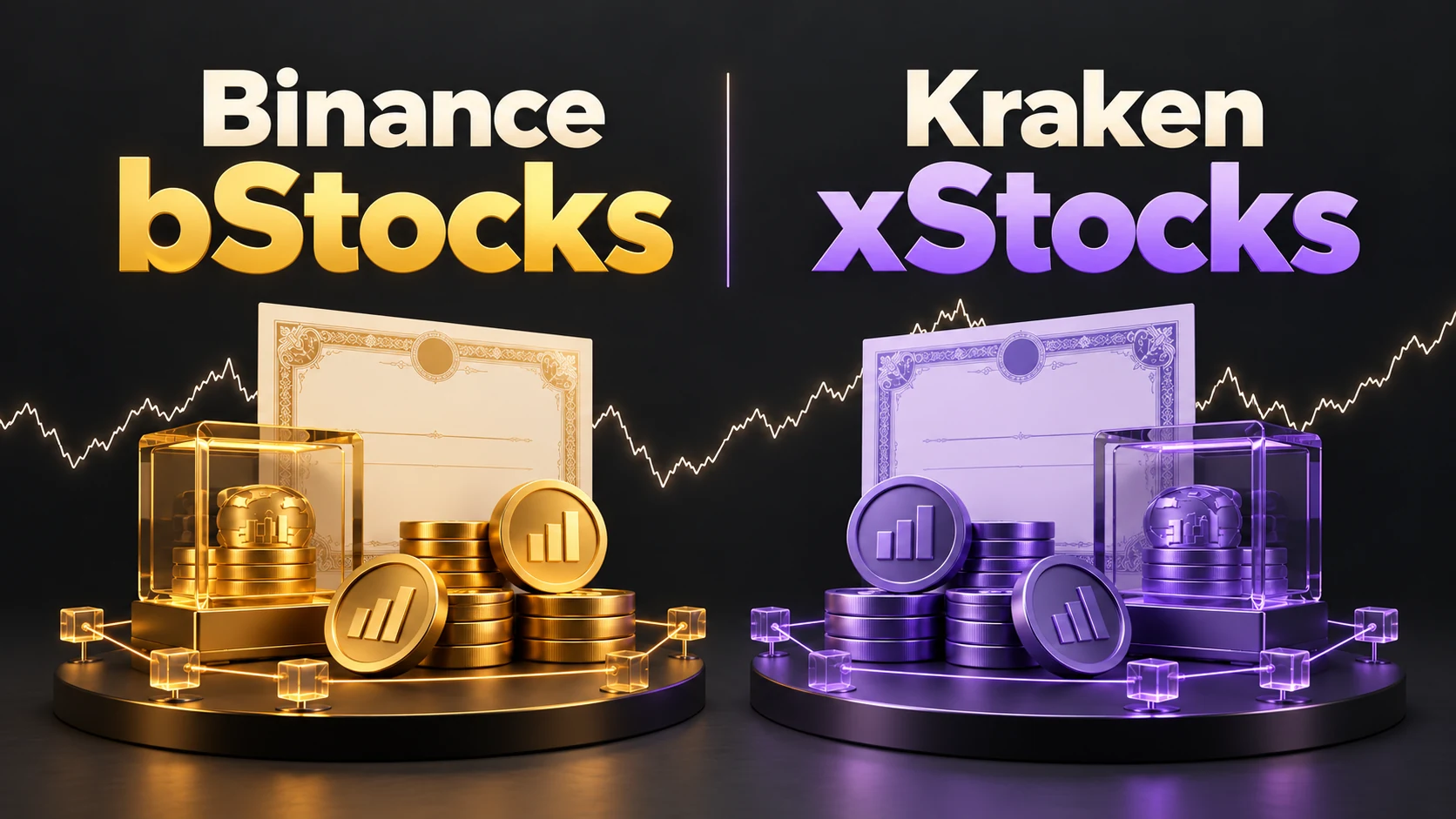 Binance bStocks / Kraken xStocks — Original comparison illustration with gold and violet token systems, share certificates, custody boxes and a shared fluctuating price line.