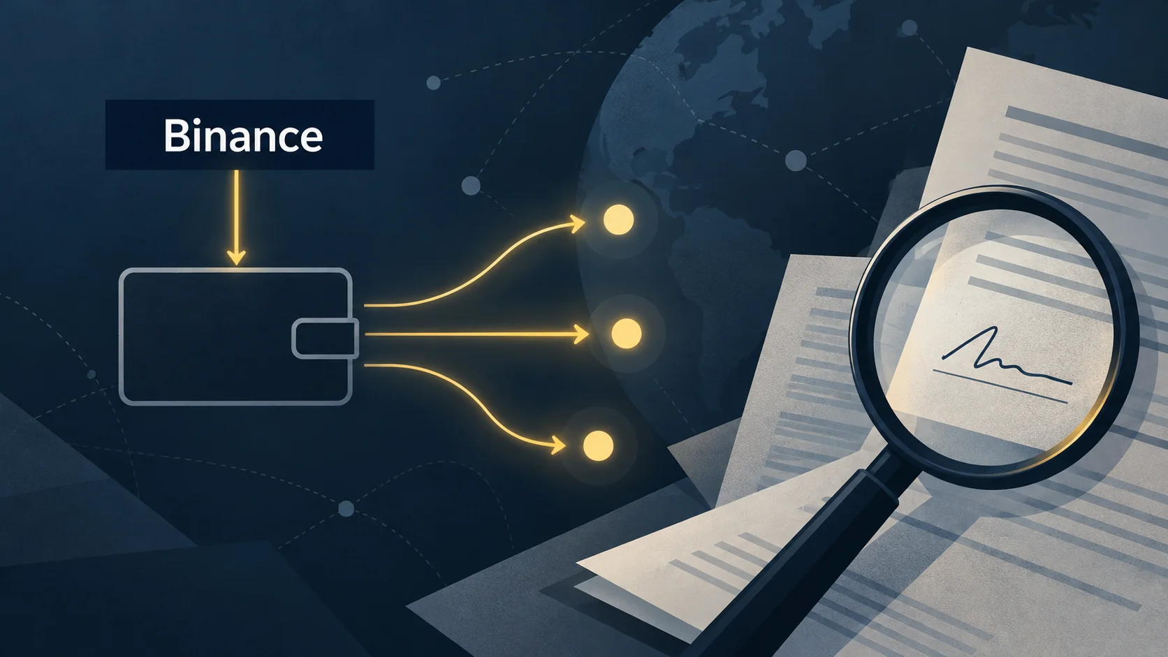 Illustration of a wallet beneath a Binance label, arrows pointing outward, and a magnifying glass examining a signed document