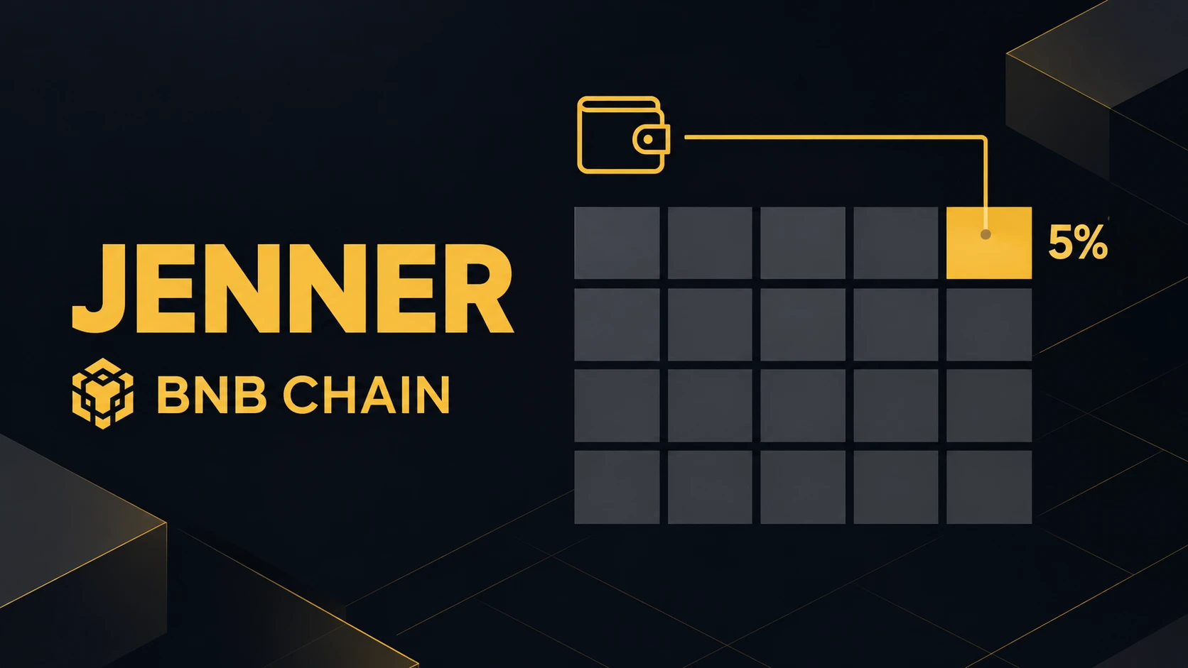 Illustration with the words Jenner and BNB Chain beside a grid of 20 squares; one square is highlighted in yellow, labeled 5% and linked to a wallet icon